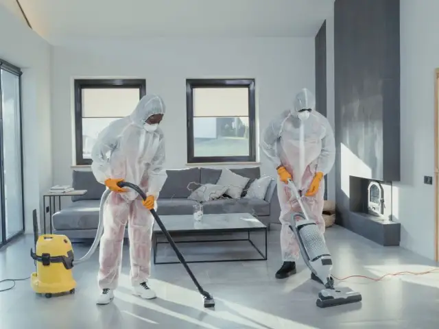 Dwie osoby w kombinezonach ochronnych sprzątają wnętrze. Jedna używa żółtego odkurzacza przemysłowego do gipsu, druga odkurza podłogę.