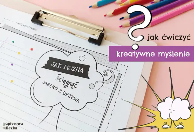 Ćwiczenia na kreatywne myślenie dla dzieci: "Jak można ściągnąć jabłko z drzewa?". Kolorowe kredki i chmurka z buźką zachęcają do zabawy.