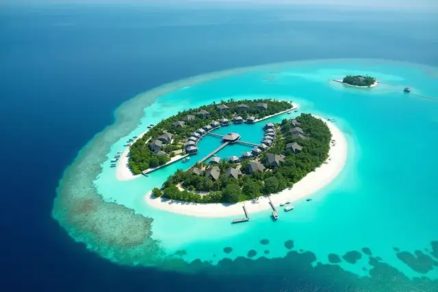 Rajska wyspa z domkami na wodzie i plażą, gdzie leżą Malediwy. Turkusowa woda otacza zieloną wyspę.
