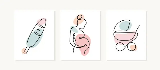 Trzy minimalistyczne grafiki: termometr, ciężarna kobieta i wózek dziecięcy. Opowiadają historię, jak robi się dzieci.