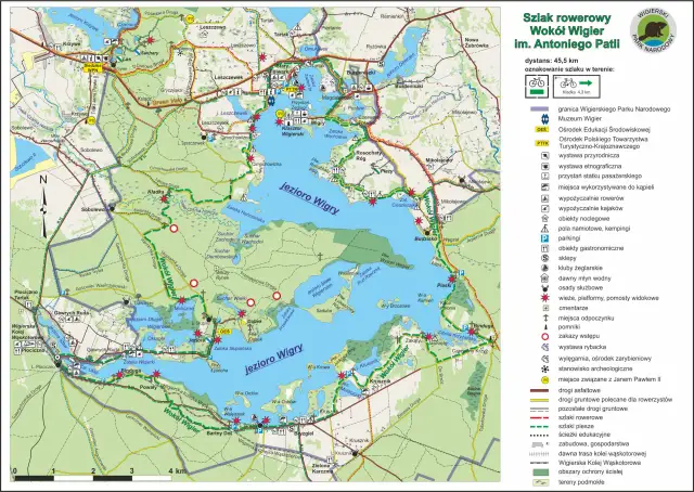 Mapa szlaku rowerowego wokół jeziora Wigry w Wigierskim Parku Narodowym.