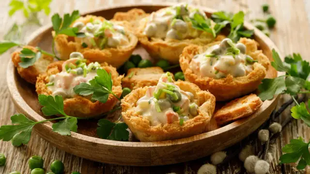 Kruche koszyczki z sałatką jarzynową, ozdobione natką pietruszki. Idealny sposób, jak podać sałatkę jarzynową na eleganckim przyjęciu.