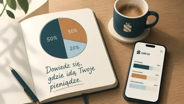 Notatnik z wykresem kołowym i tekstem "Dowiedz się, gdzie idą Twoje pieniądze". Obok telefon z aplikacją Sakva, pokazującą podział wydatków. To idealne narzędzie do planowania zakupów.