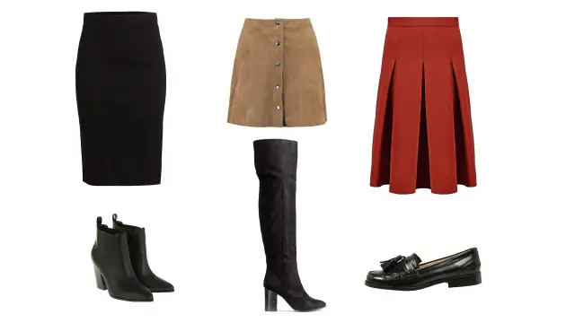 Czarna spódnica ołówkowa, brązowa zamszowa spódnica i rdzawa spódnica w plisy. Do tego czarne botki, wysokie kozaki i mokasyny. Idealne buty do spódnicy na każdą okazję.