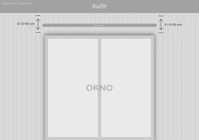 Schemat pokazuje, na jakiej wysokości wieszać karnisz nad oknem: X/2 + 10 cm.