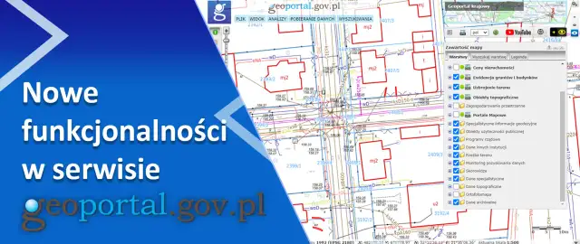 Fragment mapy geodezyjnej z zaznaczonymi działkami i panel boczny z warstwami mapy.