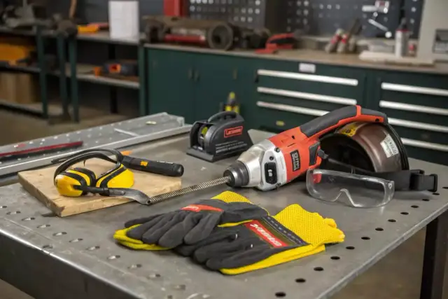 Narzędzia do cięcia poliwęglanu: wiertarka, rękawice, okulary ochronne, nauszniki.