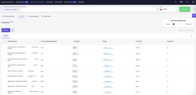 Tabela z listą słów kluczowych, ich wyszukiwań, trendów i CPC.