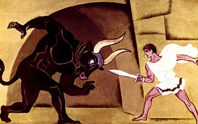 Mit o Tezeuszu: bohater z mieczem stawia czoła Minotaurowi w labiryncie.