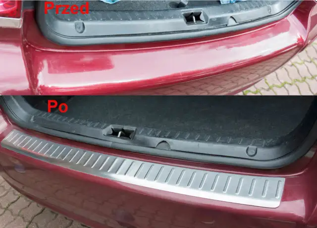 Porównanie zderzaka samochodowego: przed naprawą (otarcia) i po (nakładka ochronna).