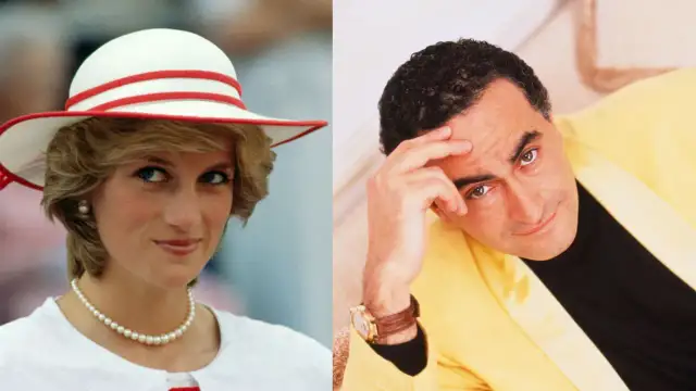 Księżna Diana w kapeluszu i Dodi Al Fayed w żółtej marynarce.