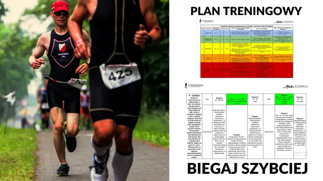 Dwóch biegaczy w strojach sportowych podczas biegu. Obok plan treningowy.