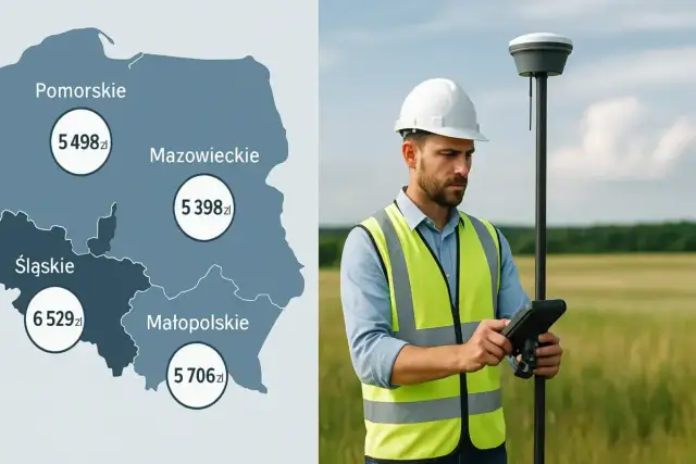 Mapa Polski z zaznaczonymi województwami i cenami usług geodezyjnych, obok geodeta z urządzeniem pomiarowym.