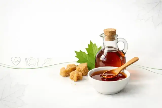 Syrop klonowy w butelce i miseczce, obok kostki cukru i liścia klonu. Czy syrop klonowy jest zdrowy?