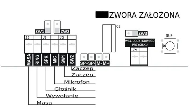 Schemat podłączenia domofonu 5-żyłowego z opisem zacisków i zworkami.