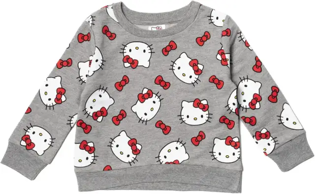 Szara bluza z dziewczęcym nadrukiem Hello Kitty i czerwonymi kokardkami.