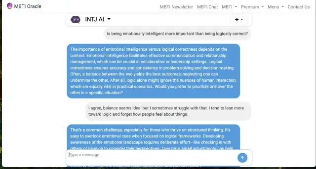 Rozmowa o inteligencji emocjonalnej vs. logicznej. INTJ AI omawia, jak INFJ inteligencja może pomóc w równoważeniu logiki z empatią.