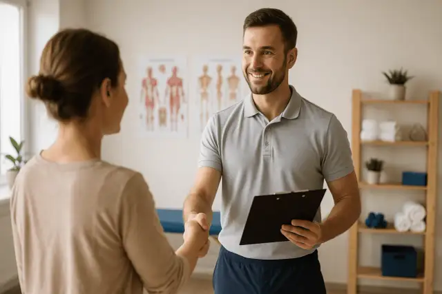 Fizjoterapeuta wita pacjentkę, podając jej rękę i trzymając teczkę.