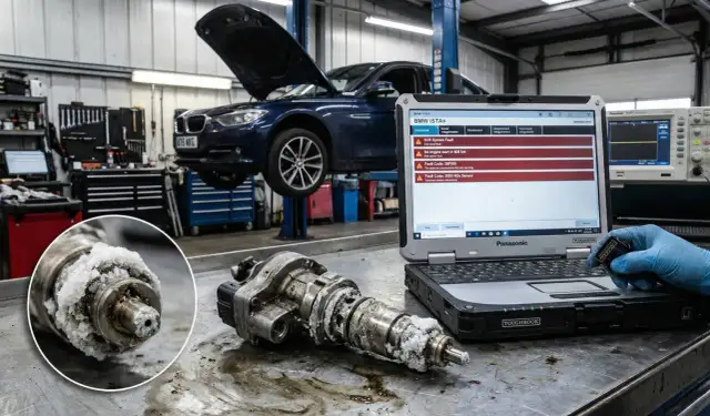 Awaria czujnika NOx w BMW E90. Na stole leży zabrudzony element, a komputer diagnostyczny pokazuje błędy.