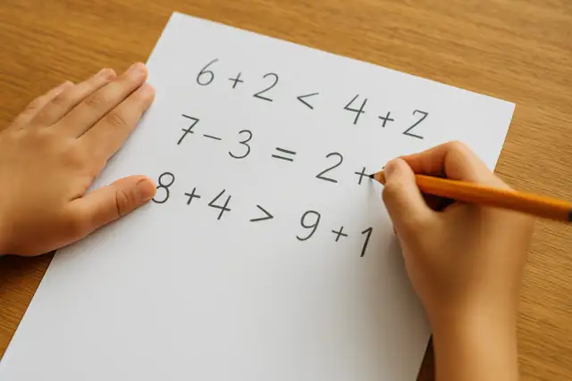 Dziecko pisze ołówkiem zadania matematyczne na kartce papieru.