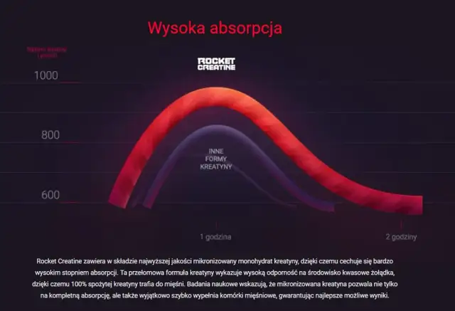 Wykres porównujący absorpcję Rocket Creatine (monohydrat) z innymi formami kreatyny. Wyższa krzywa czerwona pokazuje lepszą przyswajalność.