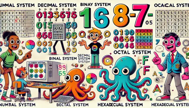 Kolorowi bohaterowie i ośmiornice ilustrują różne systemy liczbowe, takie jak binarny i dziesiętny.
