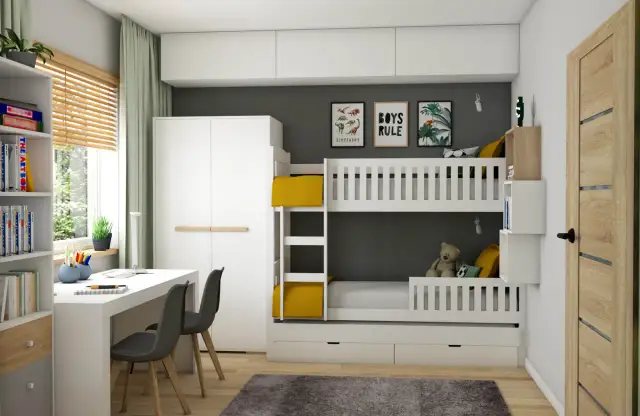 Uroczy, bardzo mały pokój dla chłopca z łóżkiem piętrowym, biurkiem i szafą.