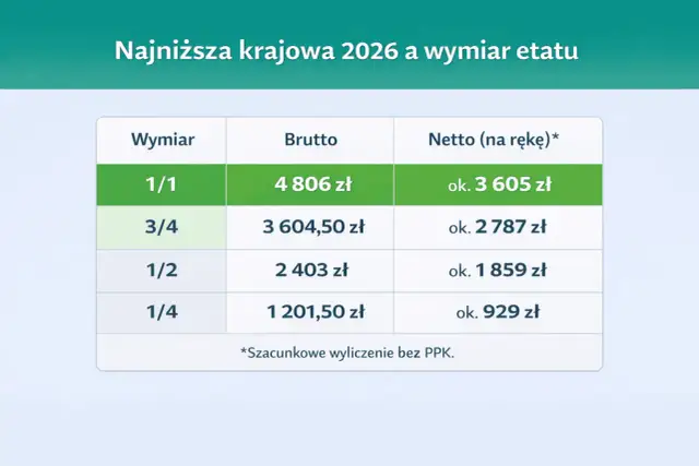 Tabela pokazuje, ile kosztuje pracownik na pół etatu w 2026 r. Netto na rękę to ok. 1859 zł.
