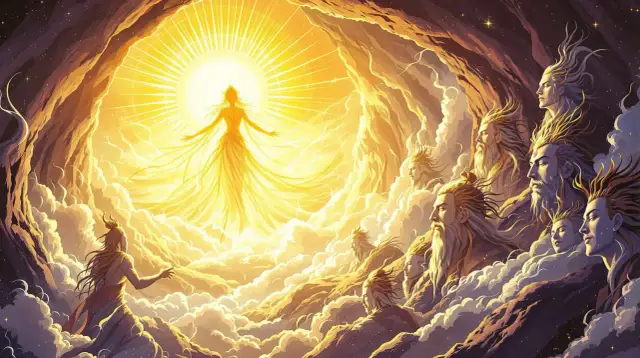 Postacie w chmurach patrzą na świetlistą boginię. Obraz symbolizuje, jaką funkcję pełniły mity: wyjaśniały świat i nadawały mu sens.