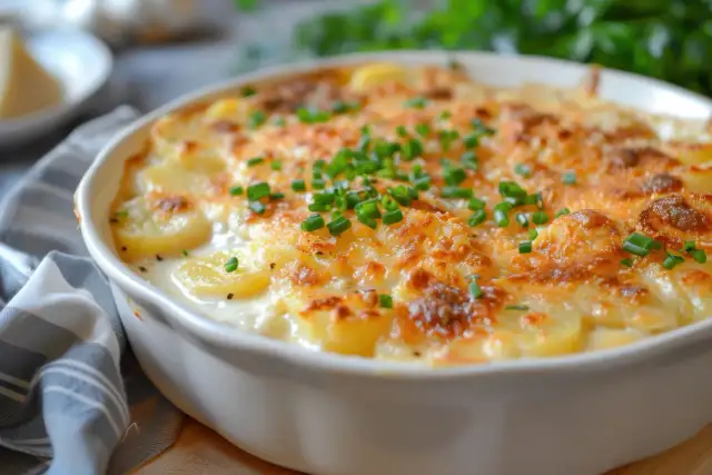Zapiekanka ziemniaczana z serem i szczypiorkiem w białej naczyniu.