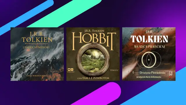 Okładki książek J.R.R. Tolkiena: "Upadek Numenoru", "Hobbit, czyli tam i z powrotem" oraz "Władca Pierścieni: Drużyna Pierścienia".