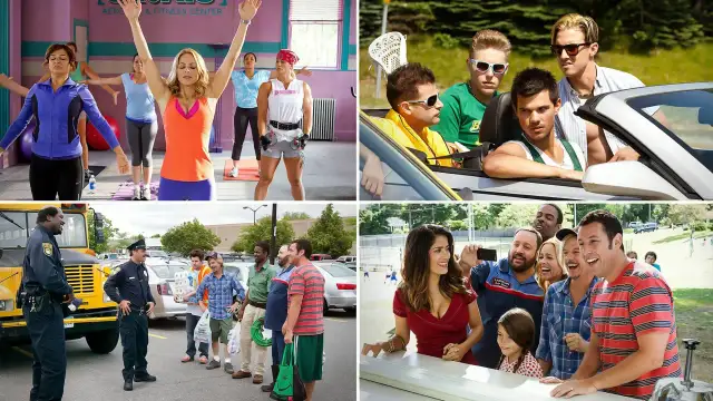 Grupa przyjaciół, którzy zachowują się jak **duże dzieci 3**, na siłowni, w samochodzie, przed autobusem i na pikniku.