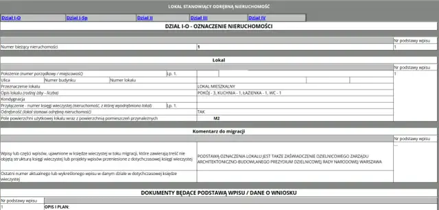 Fragment księgi wieczystej: dział I-O, oznaczenie nieruchomości, lokal mieszkalny, opis lokalu, komentarz do migracji. Pokazuje, jak wygląda księga wieczysta.