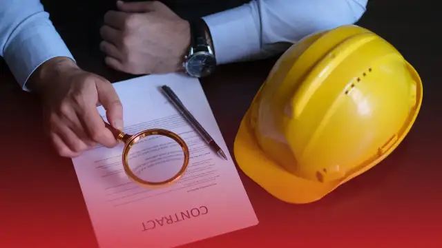 Dłoń z lupą nad umową, obok żółty kask i długopis.