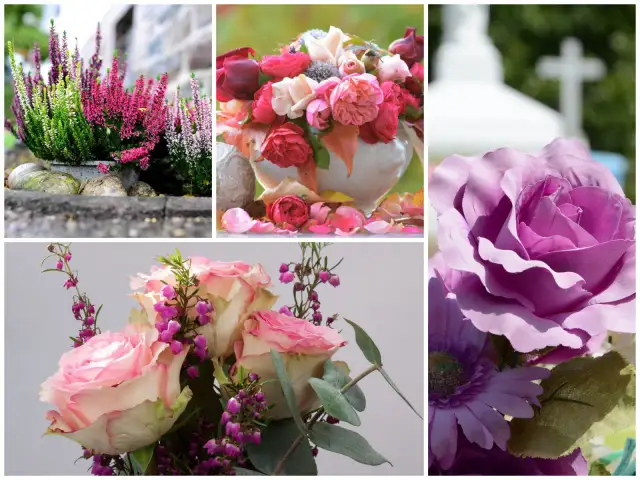 Kompozycja kwiatów: wrzos, róże, kwiaty na cmentarzu.