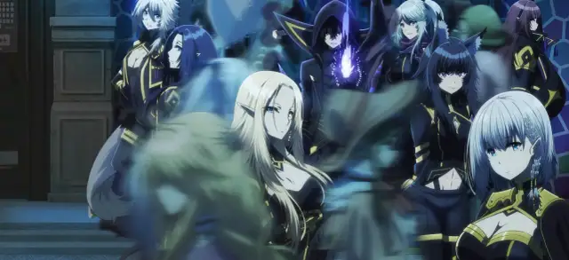 Grupa postaci z anime, w tym elfka z blond włosami i mężczyzna w kapturze z magicznym płomieniem, tworzą mroczny, weebowski klimat.