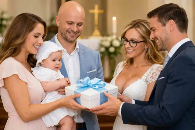 Rodzice i chrzestni wręczają prezent niemowlęciu w kościele.