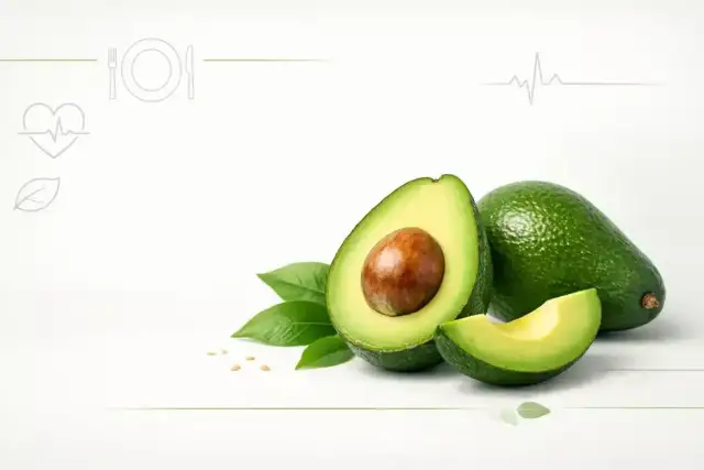 Awokado czy zdrowe? Zielone owoce, przekrojone na pół, z pestką, liśćmi i symbolami zdrowia.