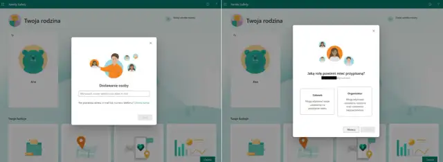 Dodawanie członka rodziny w kontroli rodzicielskiej Windows 10. Wybór roli: Członek lub Organizator.