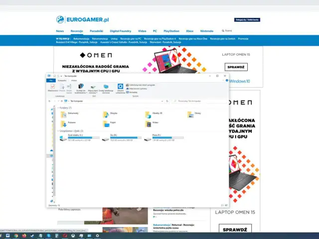 Zrzut ekranu Windows 10 z otwartym folderem "Ten komputer" i stroną Eurogamer.pl promującą laptopy OMEN.
