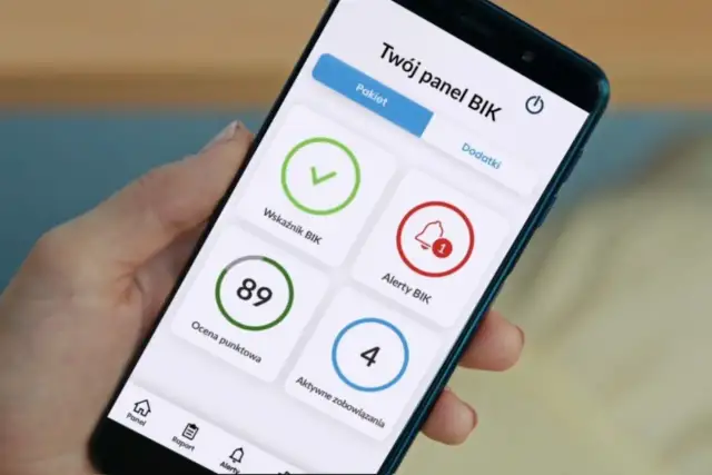 Panel BIK na smartfonie pokazuje wskaźnik BIK, ocenę punktową 89, alerty i aktywne zobowiązania. Sprawdź, jak długo w BIK po spłacie zadłużenia.