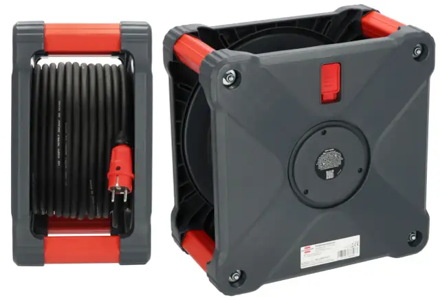 Szary bęben na przedłużacz z czerwonymi elementami. Idealny, by dowiedzieć się, jak zrobić bęben na przedłużacz i uporządkować kable.