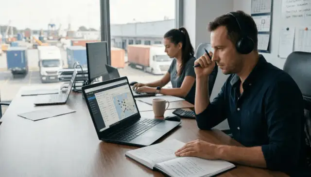 Dwóch spedytorów pracuje przy biurku z laptopami, na tle portu z ciężarówkami.