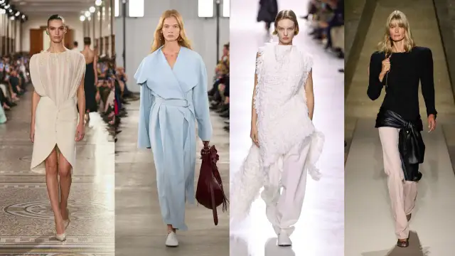 Elegancka moda na lato: kremowa sukienka, błękitny płaszcz, biały komplet i czarna bluzka z beżowymi spodniami.