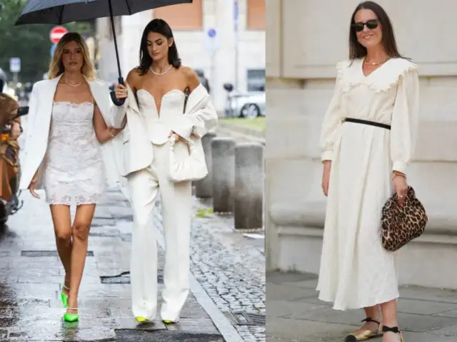 Dwie kobiety w białych stylizacjach. Jedna w koronkowej sukience i marynarce, druga w garniturze. Obie mają neonowe buty do białej sukienki i spodni. Trzecia kobieta w ecru sukience i panterkowej kopertówce.