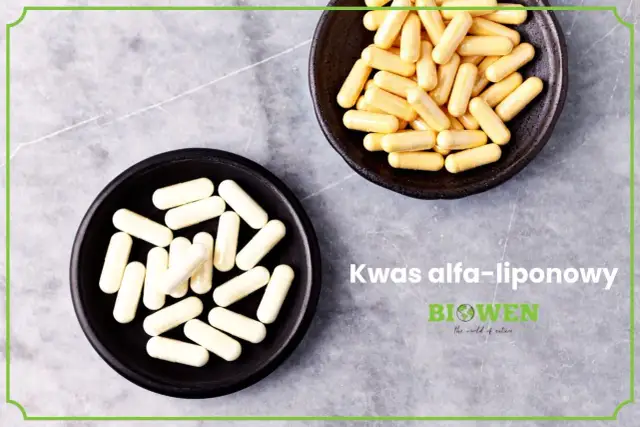 Dwie miseczki z kapsułkami. Kwas alfa-liponowy wspiera regenerację nerwów.