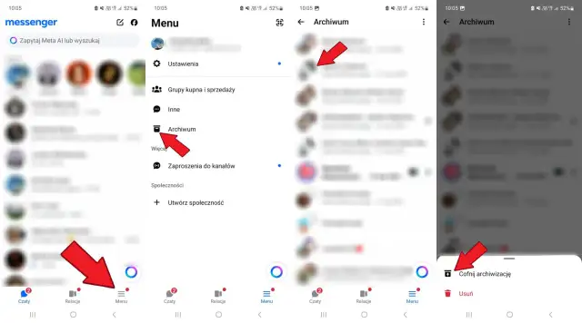 Jak odzyskać znikające wiadomości na Messengerze? Kliknij Menu, potem Archiwum, a następnie "Cofnij archiwizację".