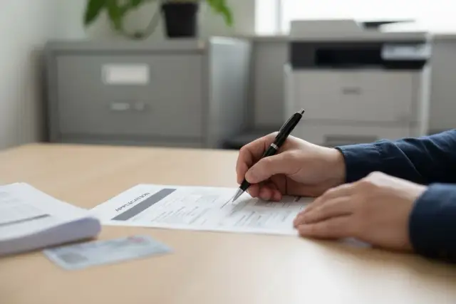Dłoń pisze długopisem na formularzu wniosku. Na stole leży też stos dokumentów i dowód osobisty.
