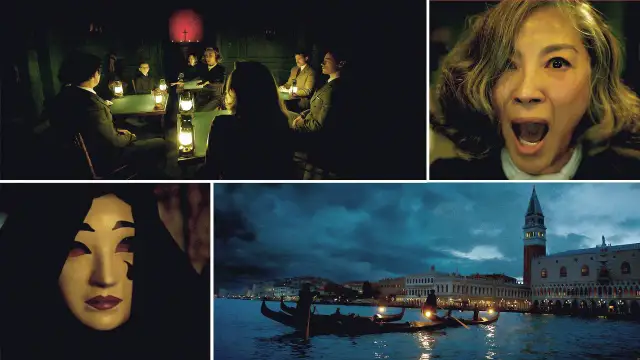 Duchy w Wenecji: mroczna atmosfera, przerażająca maska, przerażona twarz i gondole w nocnym mieście.
