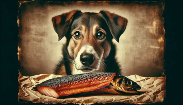 Pies z zaciekawieniem patrzy na wędzoną rybę. Czy pies może jeść rybę wędzoną?